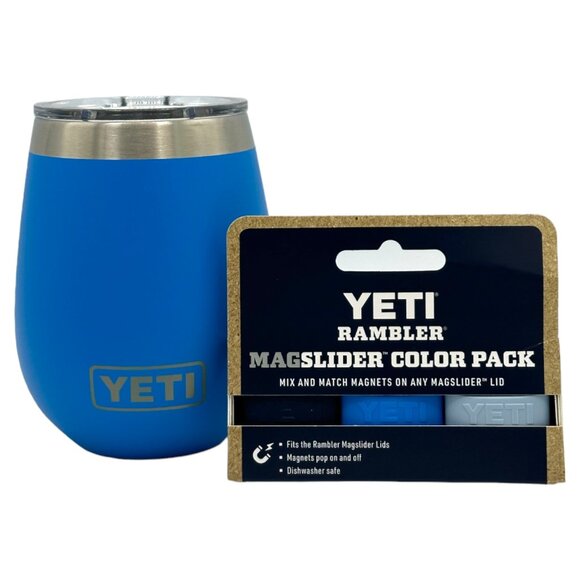 YETI RAMBLER 10oz. WINE TUMBLER with 3PK MATCHING MAGLIDERS - BIG WAVE BLUE - Picture 1 of 1